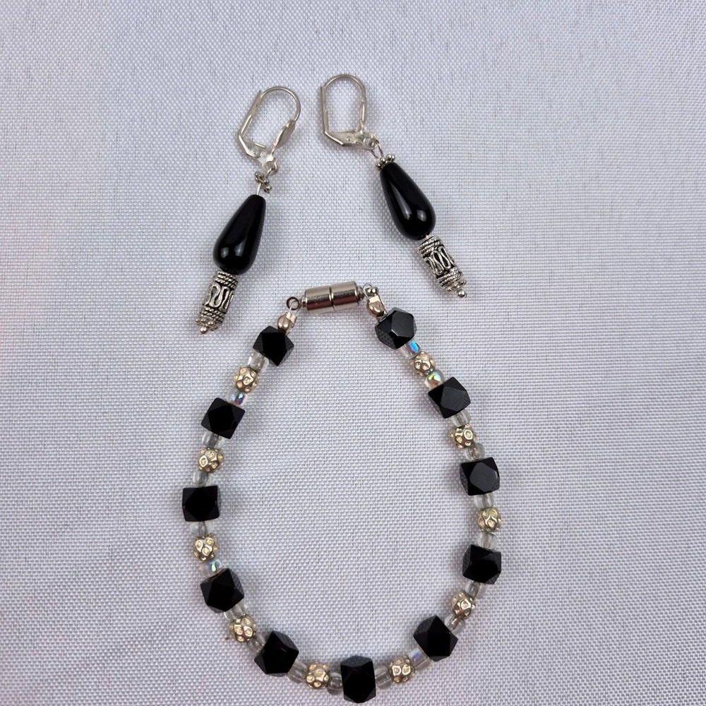 Glam Black Silver Tone Beaded Jewelry Set 7" Bracelet + 2" Statement Dangles